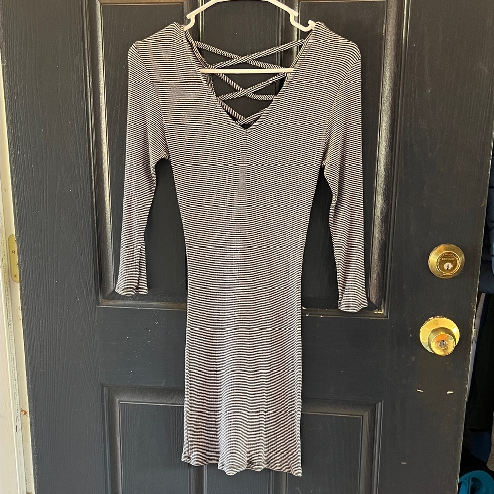 Sans Souci Black and White Striped Long Sleeve Dress